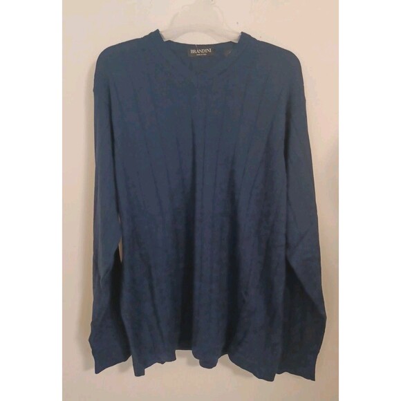 Brandini Sweater Mens Large Navy Merino Wool V Neck Pullover Made in Italy - Picture 1 of 8